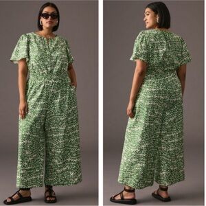 Anthropologie Green and White Jumpsuit linen and viscose blend